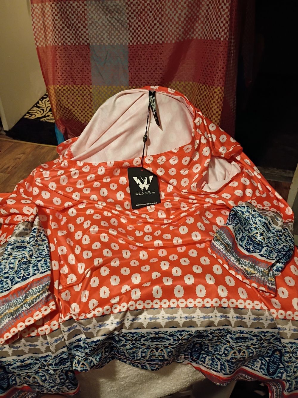 W by Worth Coral Printed Tunic with Blue Trim Blouse.